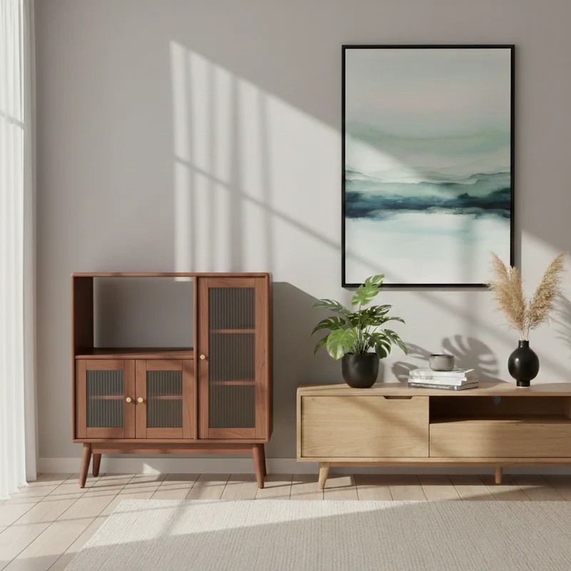 Traditional Japanese Rectangular Pine & Multi-Layer Solid Wood Ripple Glass Sideboard 1/4-Cabinet For Living Room & Dining Room