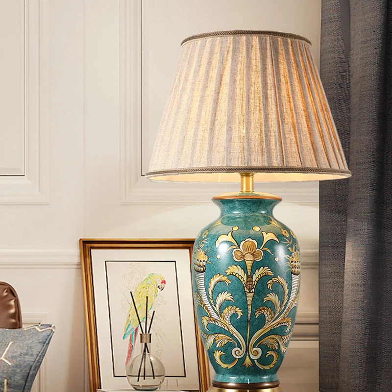 Traditional Chinese Hand-Painted Ceramic Base Copper Fabric 1-Light Table Lamp For Living Room