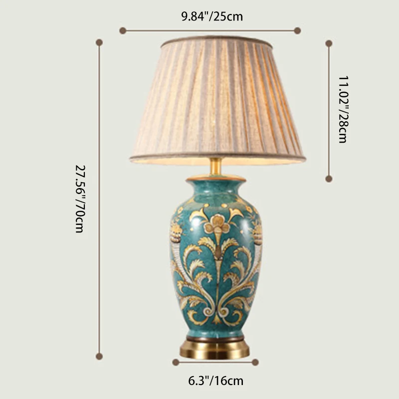 Traditional Chinese Hand-Painted Ceramic Base Copper Fabric 1-Light Table Lamp For Living Room