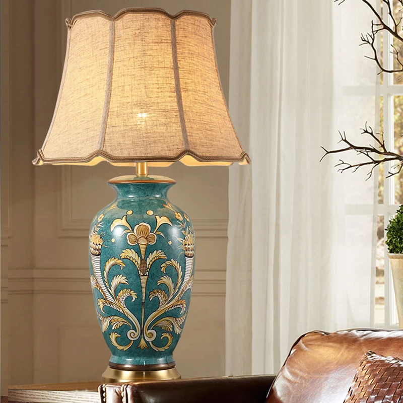 Traditional Chinese Hand-Painted Ceramic Base Copper Fabric 1-Light Table Lamp For Living Room