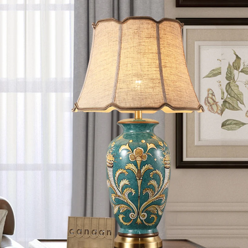Traditional Chinese Hand-Painted Ceramic Base Copper Fabric 1-Light Table Lamp For Living Room