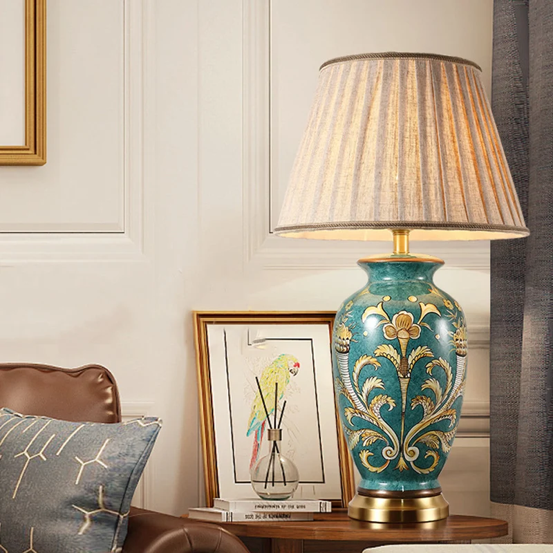 Traditional Chinese Hand-Painted Ceramic Base Copper Fabric 1-Light Table Lamp For Living Room