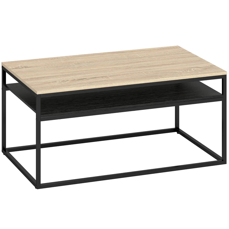 Mesa de Centro com Prateleira Estilo Industrial Moderno 2 Prateleiras Pés Ajustáveis Carvalho