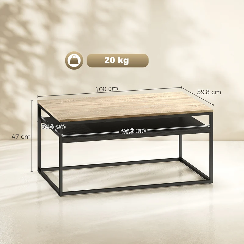 Mesa de Centro com Prateleira Estilo Industrial Moderno 2 Prateleiras Pés Ajustáveis Carvalho