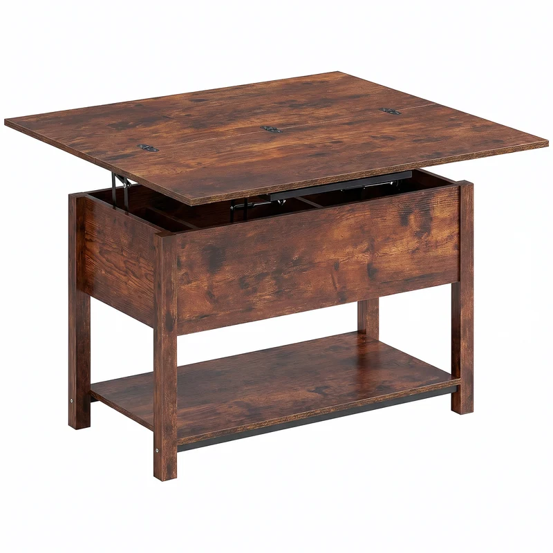 Mesa de Centro Elevatória e Extensível Mesa de Sala com Compartimento Oculto Prateleira Aberta 100x45x50,5 cm Castanho Rústico