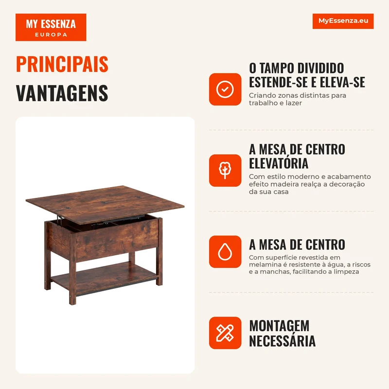 Mesa de Centro Elevatória e Extensível Mesa de Sala com Compartimento Oculto Prateleira Aberta 100x45x50,5 cm Castanho Rústico
