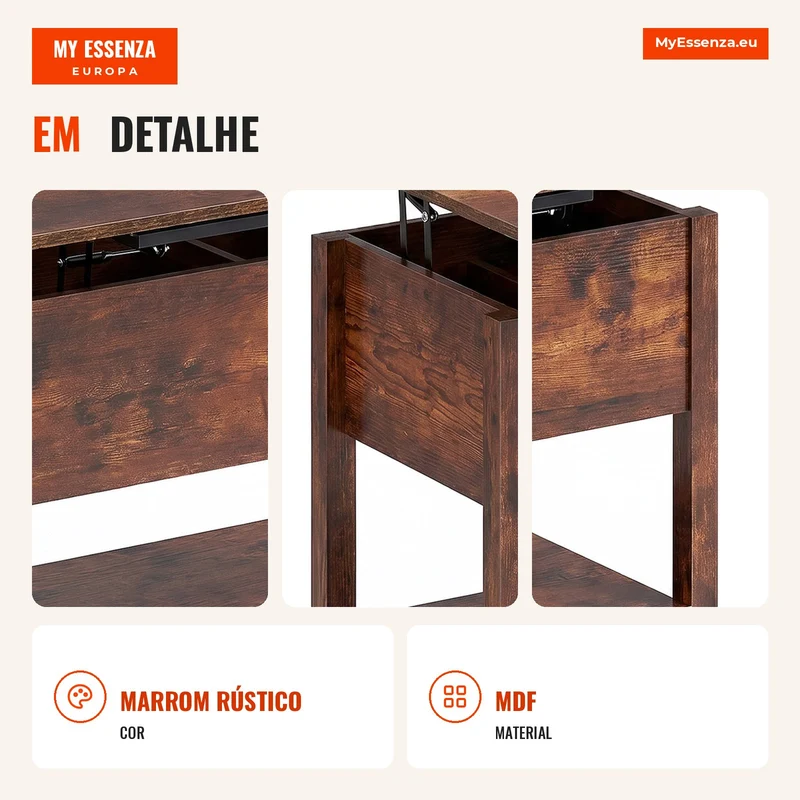 Mesa de Centro Elevatória e Extensível Mesa de Sala com Compartimento Oculto Prateleira Aberta 100x45x50,5 cm Castanho Rústico