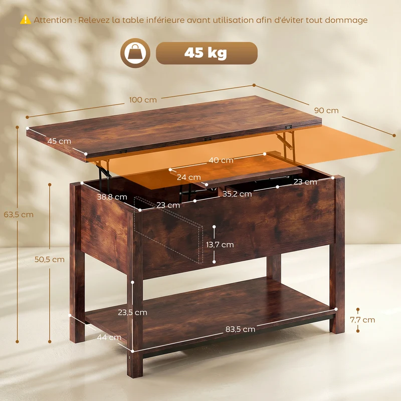 Mesa de Centro Elevatória e Extensível Mesa de Sala com Compartimento Oculto Prateleira Aberta 100x45x50,5 cm Castanho Rústico