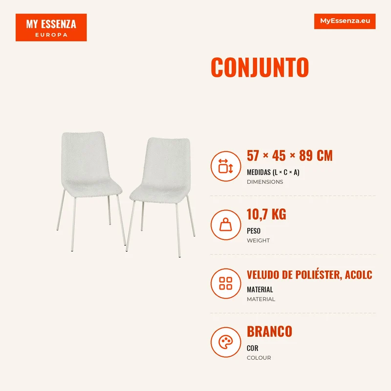 Conjunto de 2 Cadeiras de Jantar em Veludo com Assento e Encosto Acolchoados e Pés Metálicos Branco