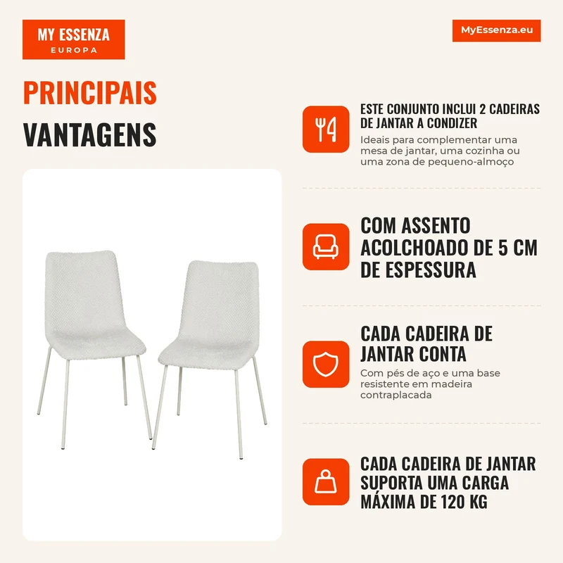 Conjunto de 2 Cadeiras de Jantar em Veludo com Assento e Encosto Acolchoados e Pés Metálicos Branco