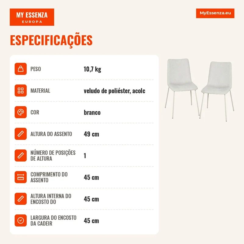 Conjunto de 2 Cadeiras de Jantar em Veludo com Assento e Encosto Acolchoados e Pés Metálicos Branco