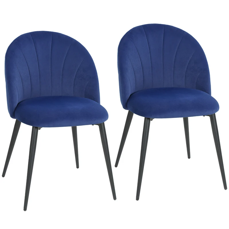 Conjunto 2 Cadeiras de Jantar Estofadas com Encosto em Concha em Veludo 52x55x79 cm Azul