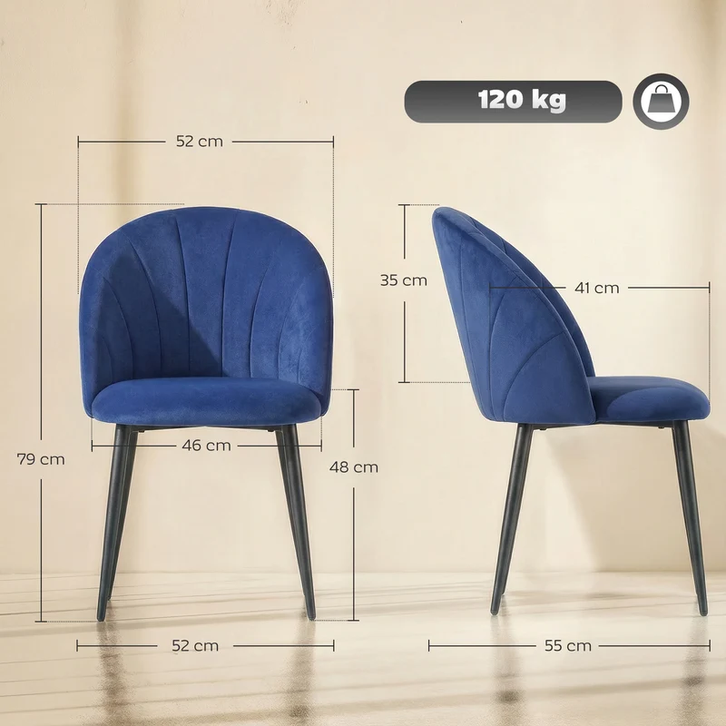Conjunto 2 Cadeiras de Jantar Estofadas com Encosto em Concha em Veludo 52x55x79 cm Azul