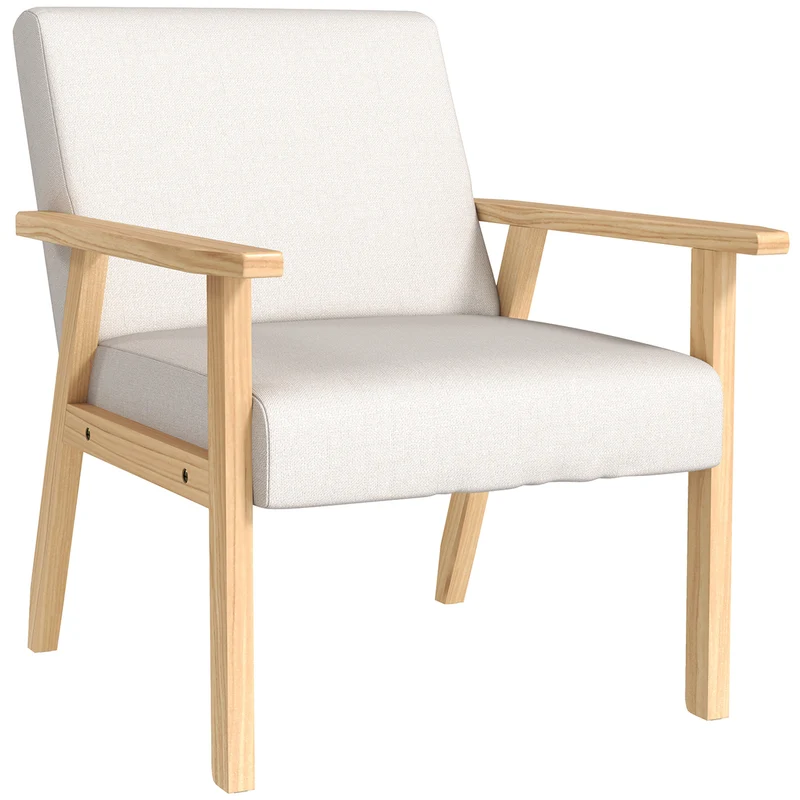 Poltrona estofada com braços, Cadeira de jantar com aparência de linho, Estrutura em madeira maciça, 64 x 70 x 72 cm, Creme