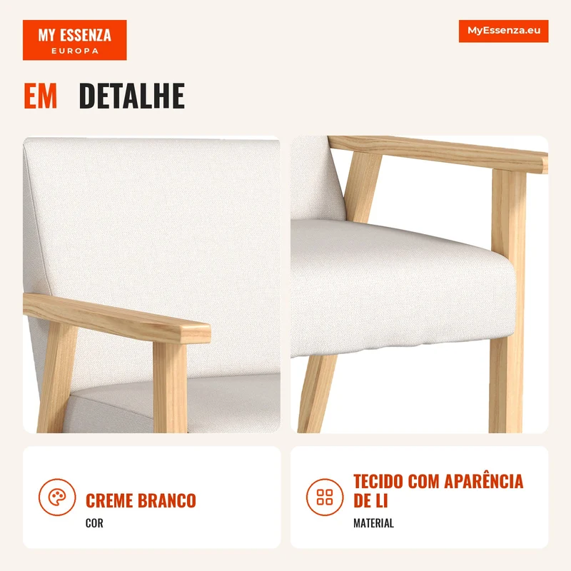Poltrona estofada com braços, Cadeira de jantar com aparência de linho, Estrutura em madeira maciça, 64 x 70 x 72 cm, Creme