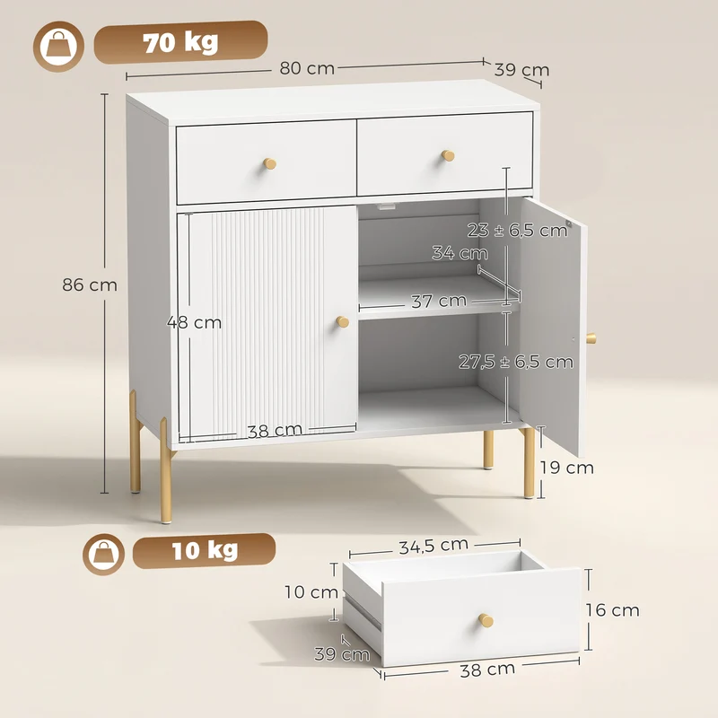 Aparador para Sala Móvel de Arrumação com 2 Portas 2 Gavetas Prateleiras Reguláveis e Pés em Metal 80x39x86 cm Branco