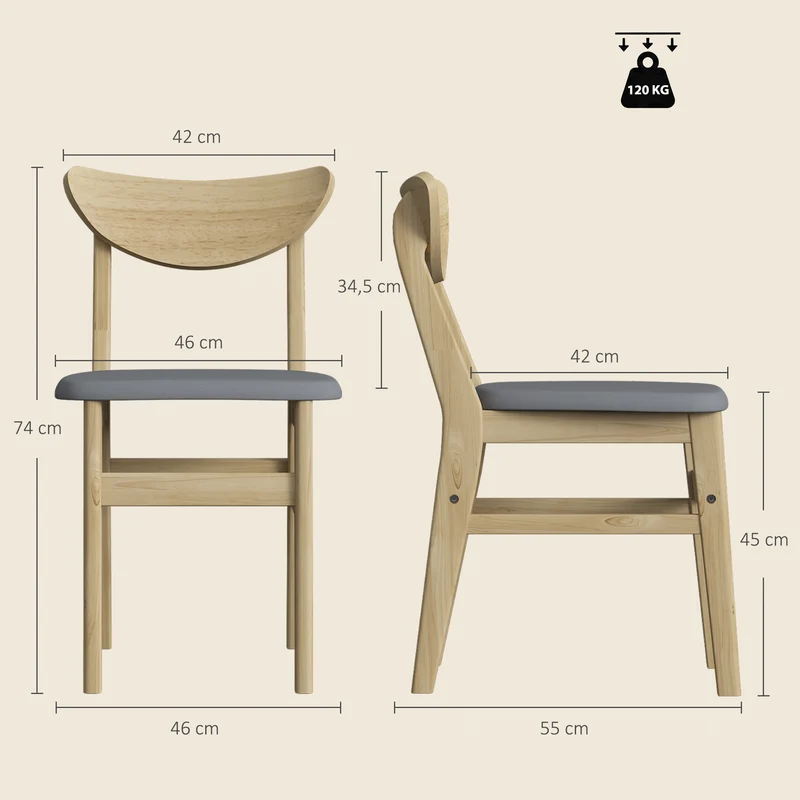 Conjunto de 2 Cadeiras de Sala de Jantar Cadeiras de Cozinha Assentos Acolchoados em Linho Encosto Curvo Cinza e Madeira Natural