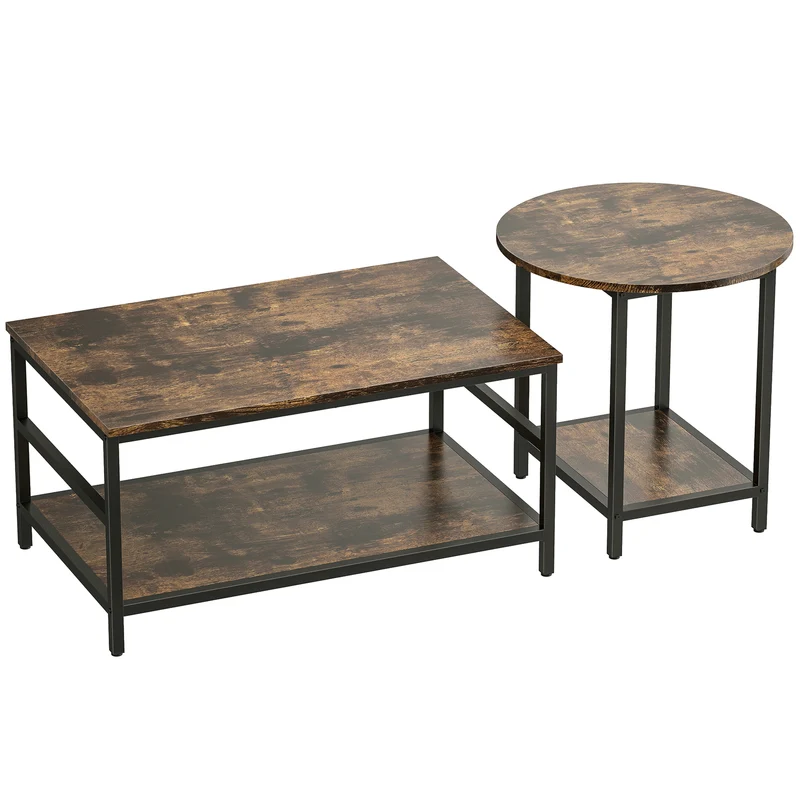 Conjunto de Mesas 2 peças Mesa Retangular e Redonda com Armazenamento em 2 Níveis Castanho Rústico