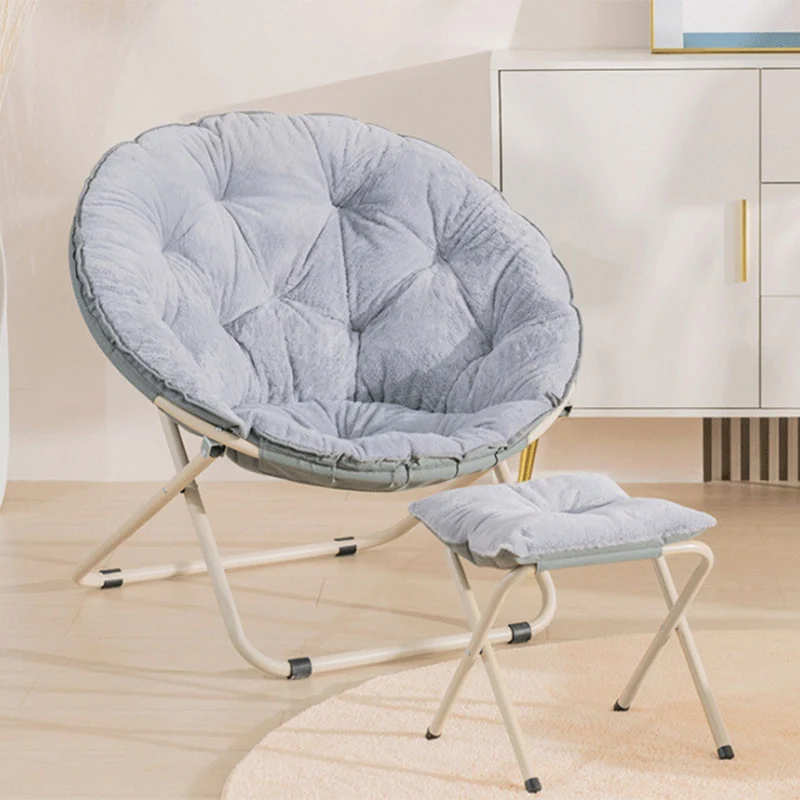 Modern Minimalist Plush Oxford Fabric Steel Round Foldable Lounge Chair With Backrest & Footrest For Living Room & Bedroom