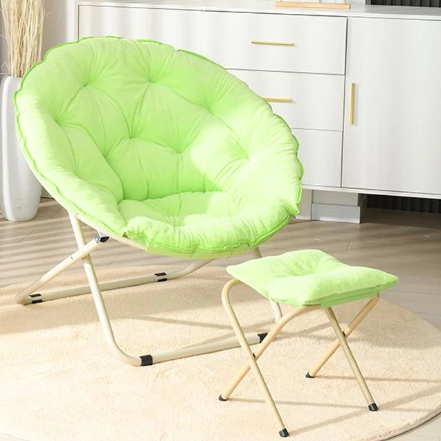 Modern Minimalist Plush Oxford Fabric Steel Round Foldable Lounge Chair With Backrest & Footrest For Living Room & Bedroom