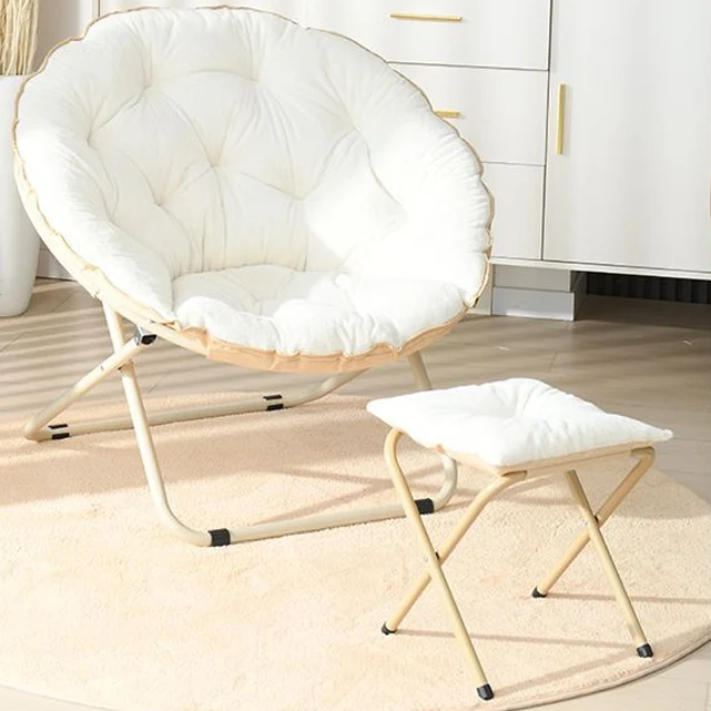 Modern Minimalist Plush Oxford Fabric Steel Round Foldable Lounge Chair With Backrest & Footrest For Living Room & Bedroom
