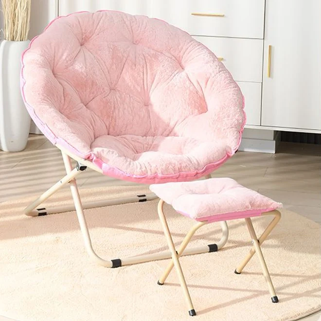 Modern Minimalist Plush Oxford Fabric Steel Round Foldable Lounge Chair With Backrest & Footrest For Living Room & Bedroom