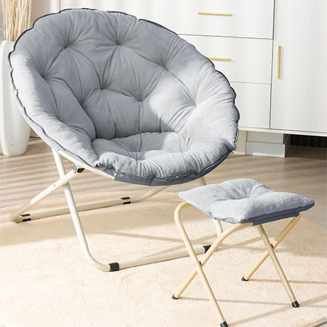 Modern Minimalist Plush Oxford Fabric Steel Round Foldable Lounge Chair With Backrest & Footrest For Living Room & Bedroom