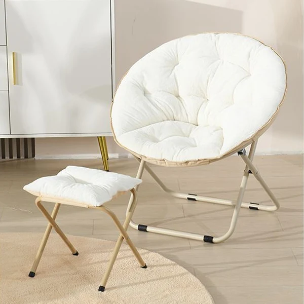Modern Minimalist Plush Oxford Fabric Steel Round Foldable Lounge Chair With Backrest & Footrest For Living Room & Bedroom