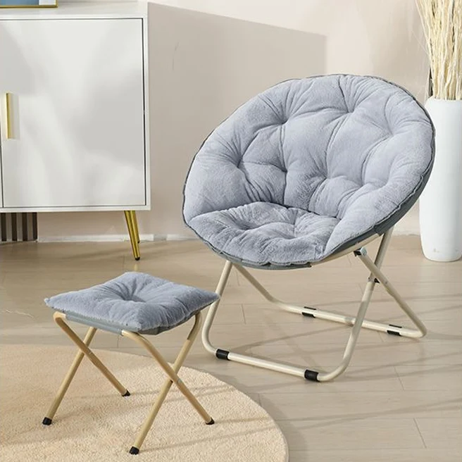 Modern Minimalist Plush Oxford Fabric Steel Round Foldable Lounge Chair With Backrest & Footrest For Living Room & Bedroom