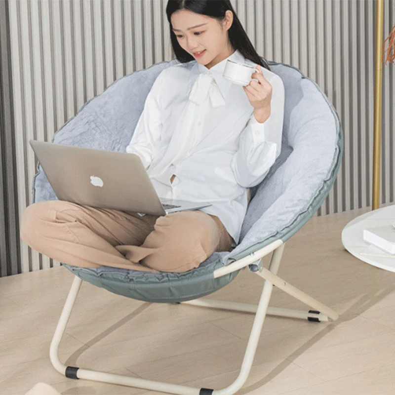 Modern Minimalist Plush Oxford Fabric Steel Round Foldable Lounge Chair With Backrest & Footrest For Living Room & Bedroom
