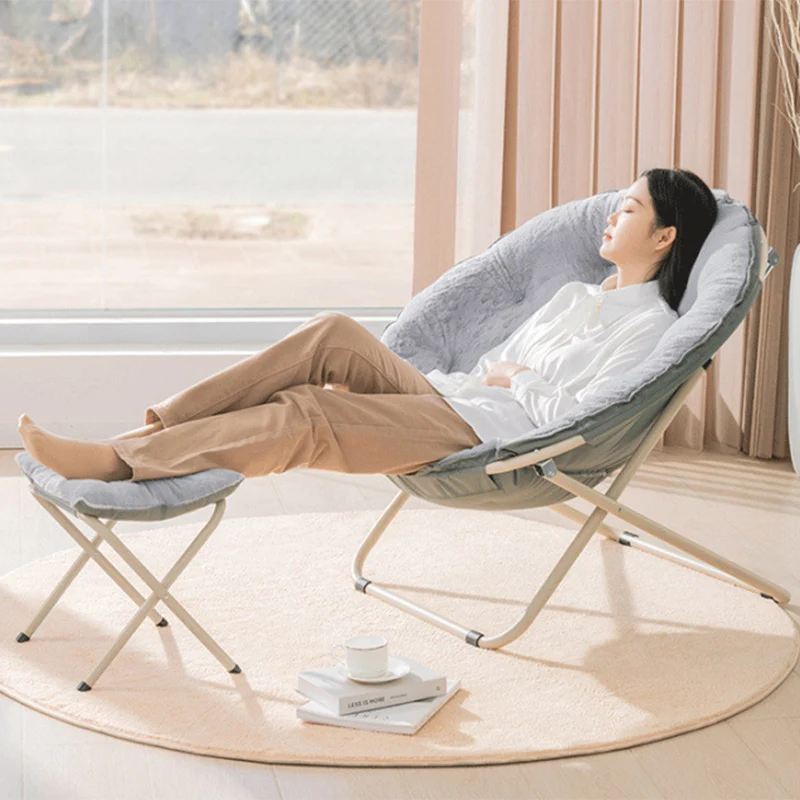 Modern Minimalist Plush Oxford Fabric Steel Round Foldable Lounge Chair With Backrest & Footrest For Living Room & Bedroom