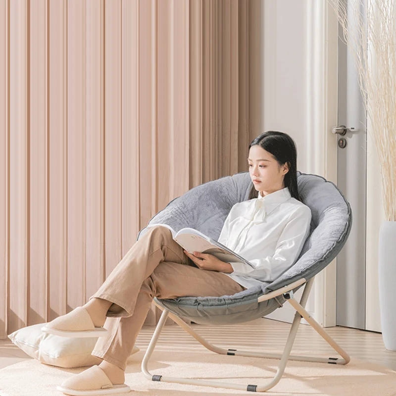 Modern Minimalist Plush Oxford Fabric Steel Round Foldable Lounge Chair With Backrest & Footrest For Living Room & Bedroom