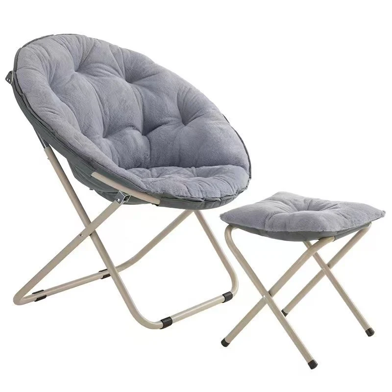 Modern Minimalist Plush Oxford Fabric Steel Round Foldable Lounge Chair With Backrest & Footrest For Living Room & Bedroom