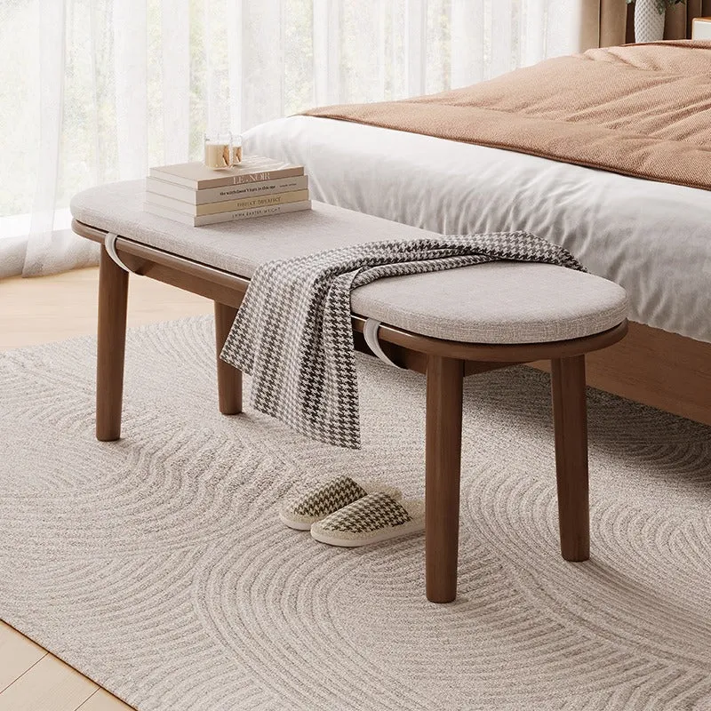 Contemporary Nordic Rubberwood Cotton Linen Oval Bench With Cushion For Bedroom & Entryway