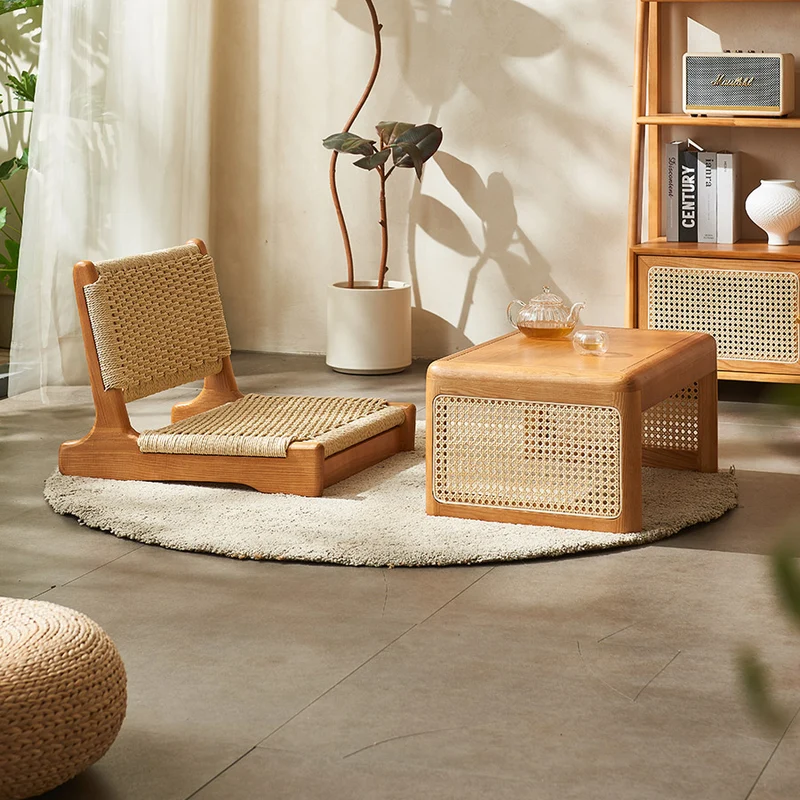 Traditional Japanese Tatami Braided Rope Ash Frame Square Lounge Chair Backrest For Living Room