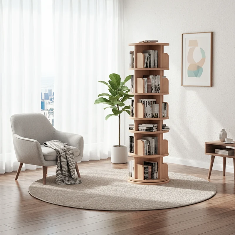 Modern Minimalist Pine Board Bookshelves 6-Tier Rotatable For Home Office