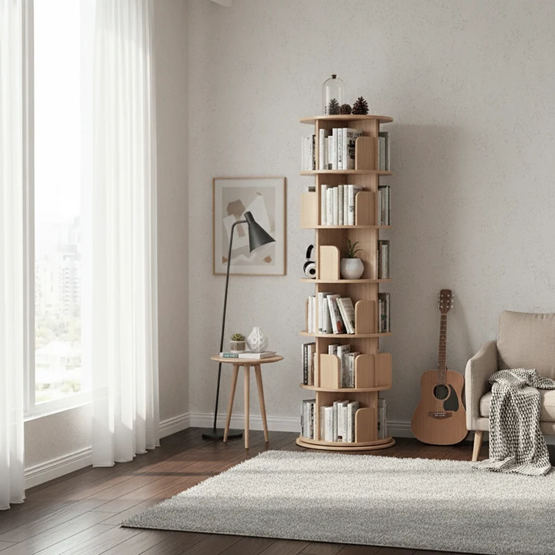 Modern Minimalist Pine Board Bookshelves 6-Tier Rotatable For Home Office