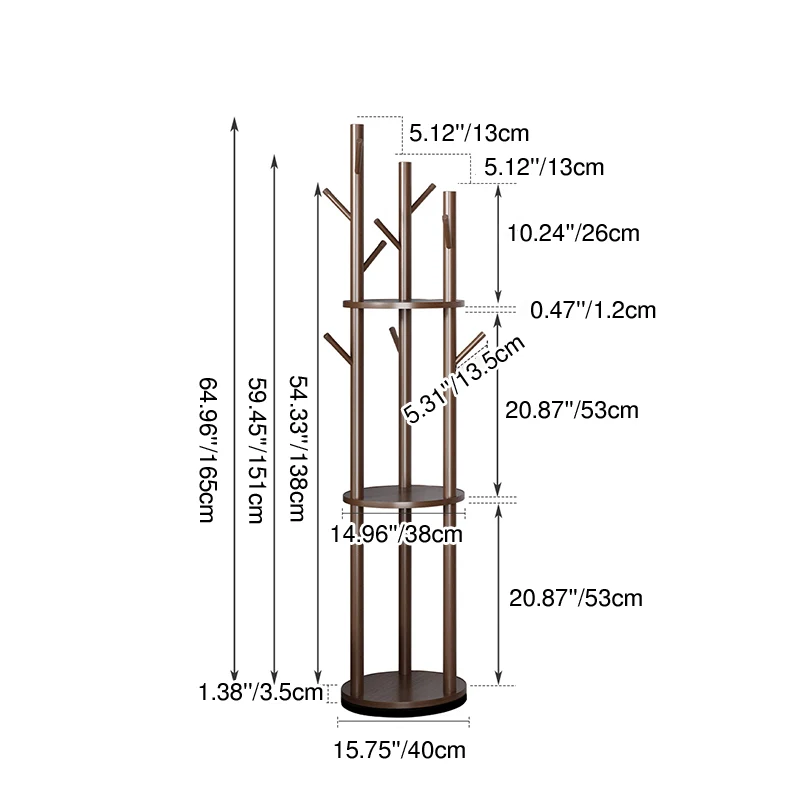 Modern Minimalist Rotatable Disk Branch Pine Wood MDF Clothes Tree Storage Shelf 3-Tier For Hallway & Entryway