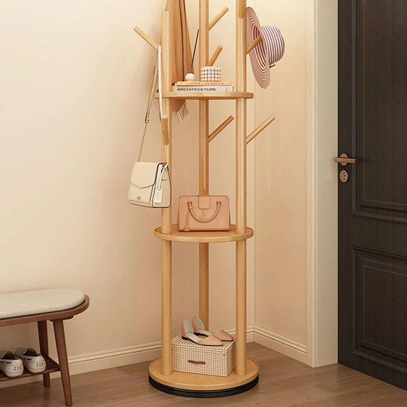 Modern Minimalist Rotatable Disk Branch Pine Wood MDF Clothes Tree Storage Shelf 3-Tier For Hallway & Entryway
