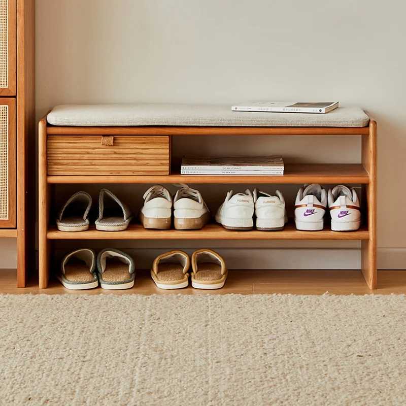 Modern Minimalist Rectangular Linen Cotton Cherry Wood Sponge Versatile Bench Backless Armless For Entryway