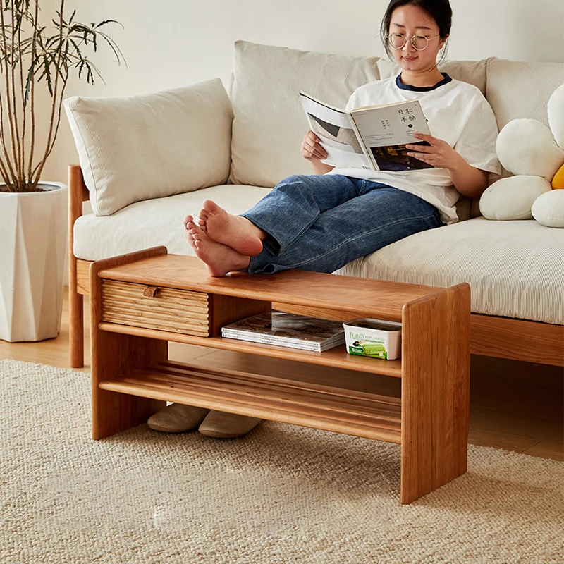 Modern Minimalist Rectangular Linen Cotton Cherry Wood Sponge Versatile Bench Backless Armless For Entryway