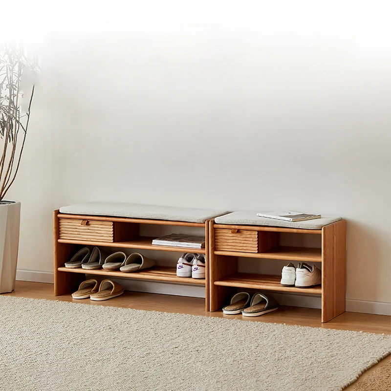 Modern Minimalist Rectangular Linen Cotton Cherry Wood Sponge Versatile Bench Backless Armless For Entryway