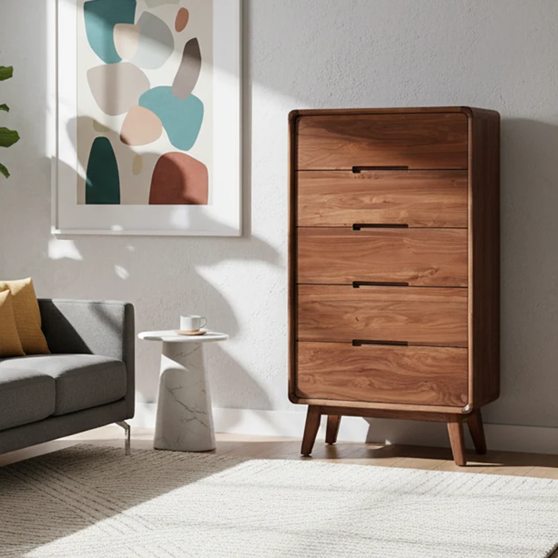Traditional Vintage Square Rectangular Walnut Storage Cabinet 5-Drawer For Living Room