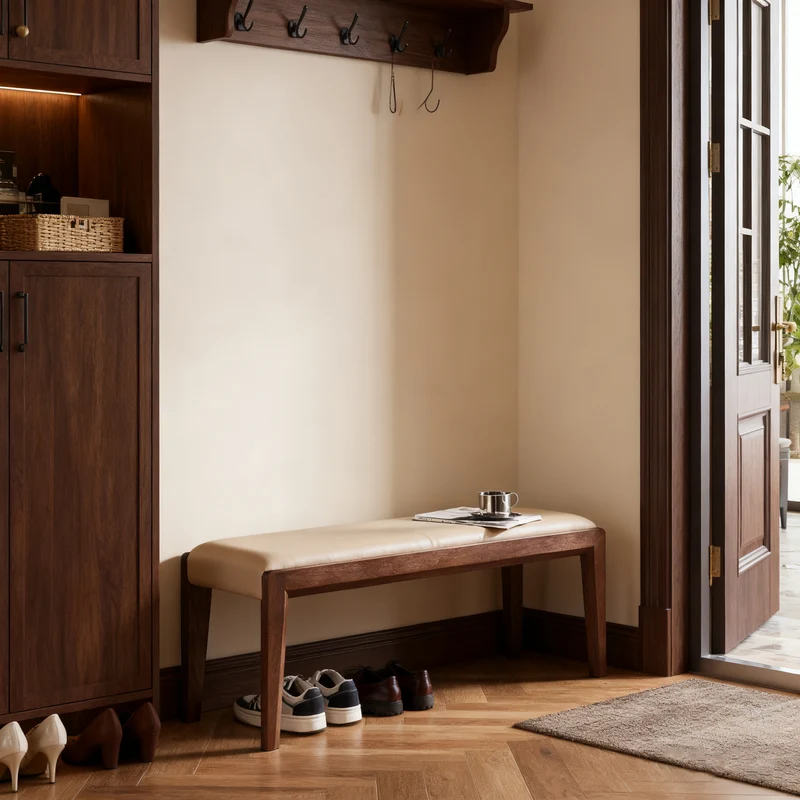 Contemporary Scandinavian Rectangular Ash Wood Microfiber Leather Sponge Bench Backless Armless For Entryway