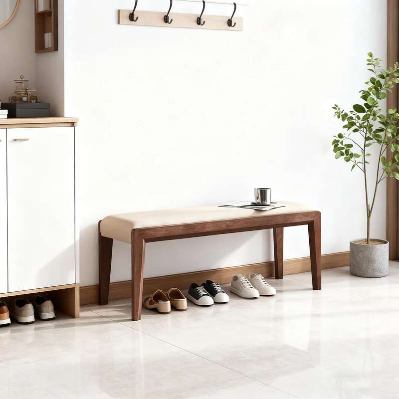 Contemporary Scandinavian Rectangular Ash Wood Microfiber Leather Sponge Bench Backless Armless For Entryway