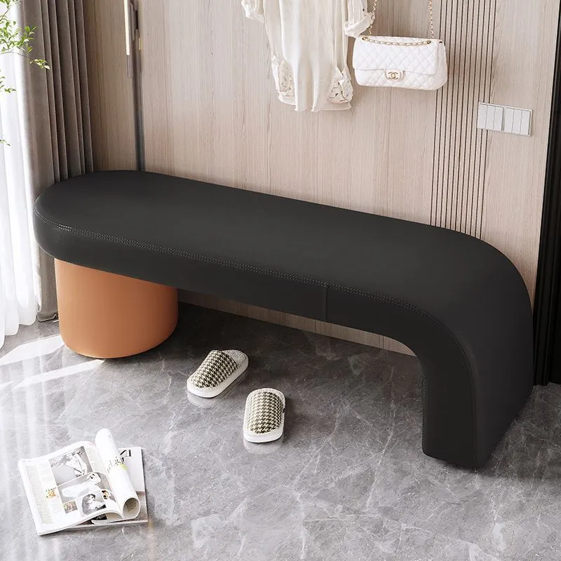 Contemporary Nordic Rectangle Cylinder Faux Leather Pine Backless Armless Bench For Entryways