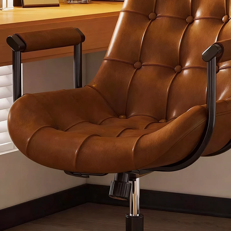 Contemporary Retro Square Rectangular Cat Scratch Leather Oil Wax Leather Wooden Board Nylon Steel 360°Swivel Movable Height Adjustable Desk Chair Backrest Armrest For Home Office