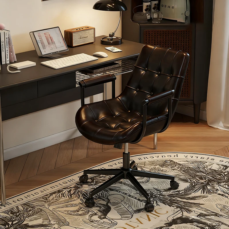 Contemporary Retro Square Rectangular Cat Scratch Leather Oil Wax Leather Wooden Board Nylon Steel 360°Swivel Movable Height Adjustable Desk Chair Backrest Armrest For Home Office