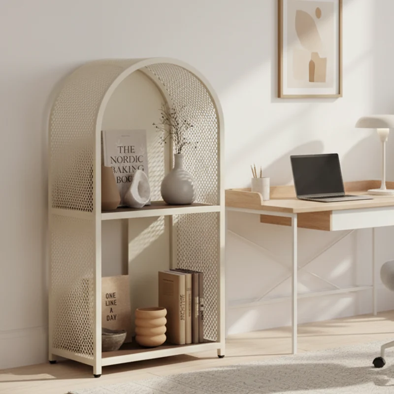 Modern Minimalist Round Rectangular Metal Solid Wood Multi-Layer Bookshelves 2/3-Tier Sturdy Durable For Home Office