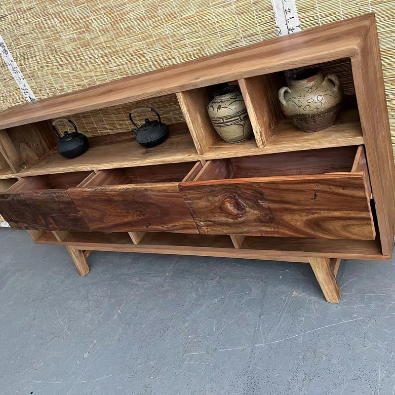 Traditional Vintage Camphor Wood Rectangular Console Table Shelf 2-Tier Drawer For Entryway